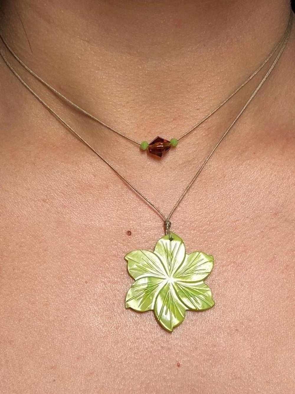 Handmade Green Mother of Pearl Flower Pendant Layering Necklace Set Boho